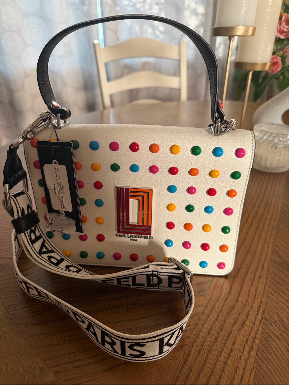 Karl Lagerfeld Paris Simone White Leather Crossbody with Multicolor Candy Studs